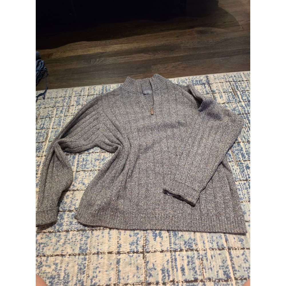 Oscar de la Renta Mens Blue Grey Ribbed Quarter Zip Cotton Blend Sweater Large